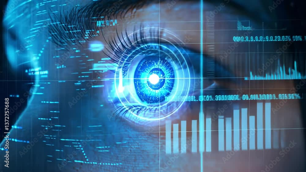 Poster cybersecurity consultant, close up of eye enhanced with digital technology, showcasing futuristic da