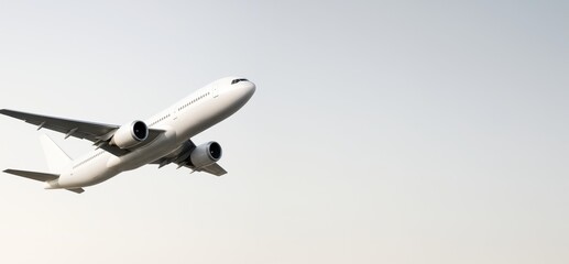 Fototapeta premium Commercial airplane flying upward against a light gradient background, symbolizing business travel and creative aviation industry progress.