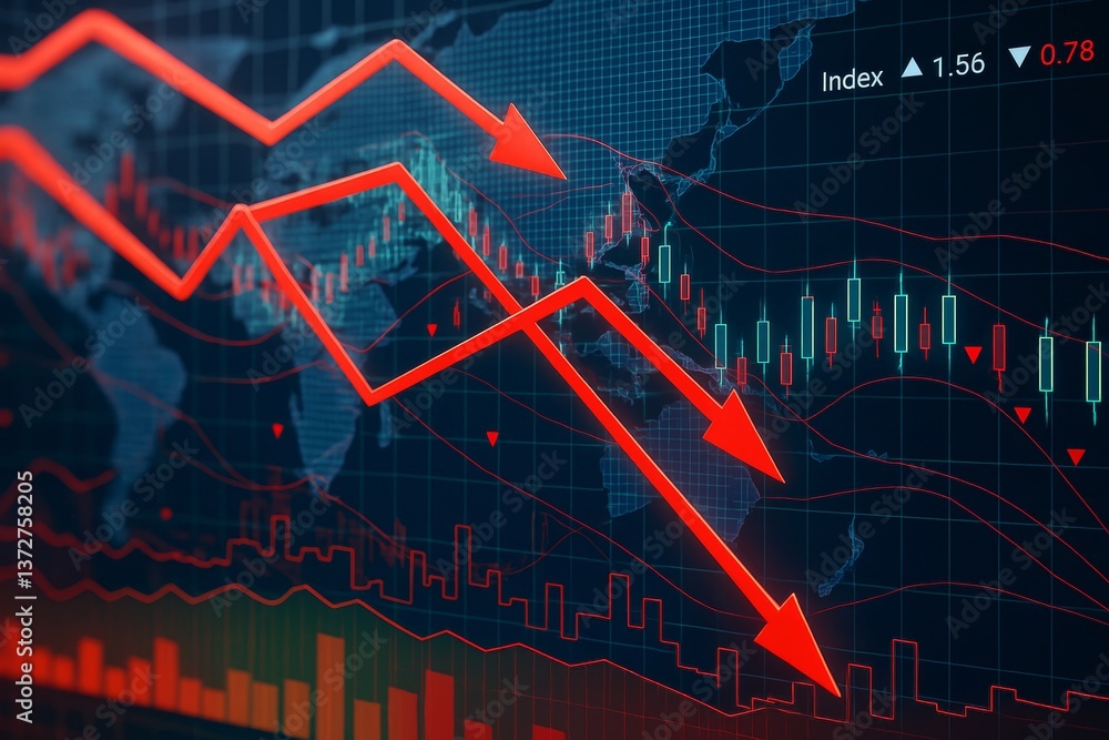 Poster red arrows showing financial market crash on digital stock chart with global map background illustra