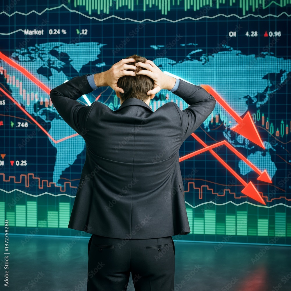 Poster Businessman holding head in panic while viewing global stock market crash with red downward arrows and financial chart data on digital screen.