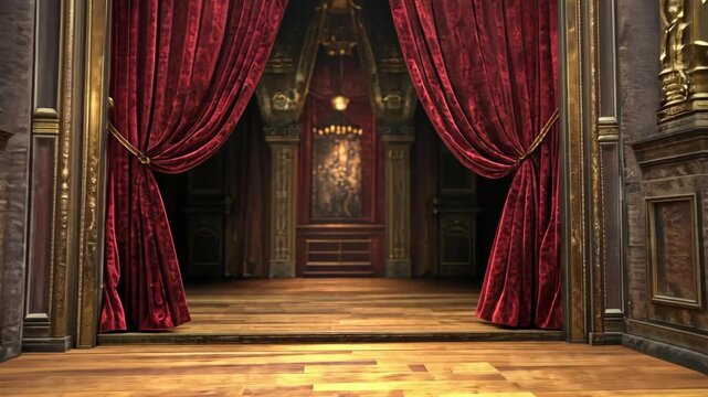 Elegant theatre stage with rich red curtains and wooden flooring illuminated by soft light