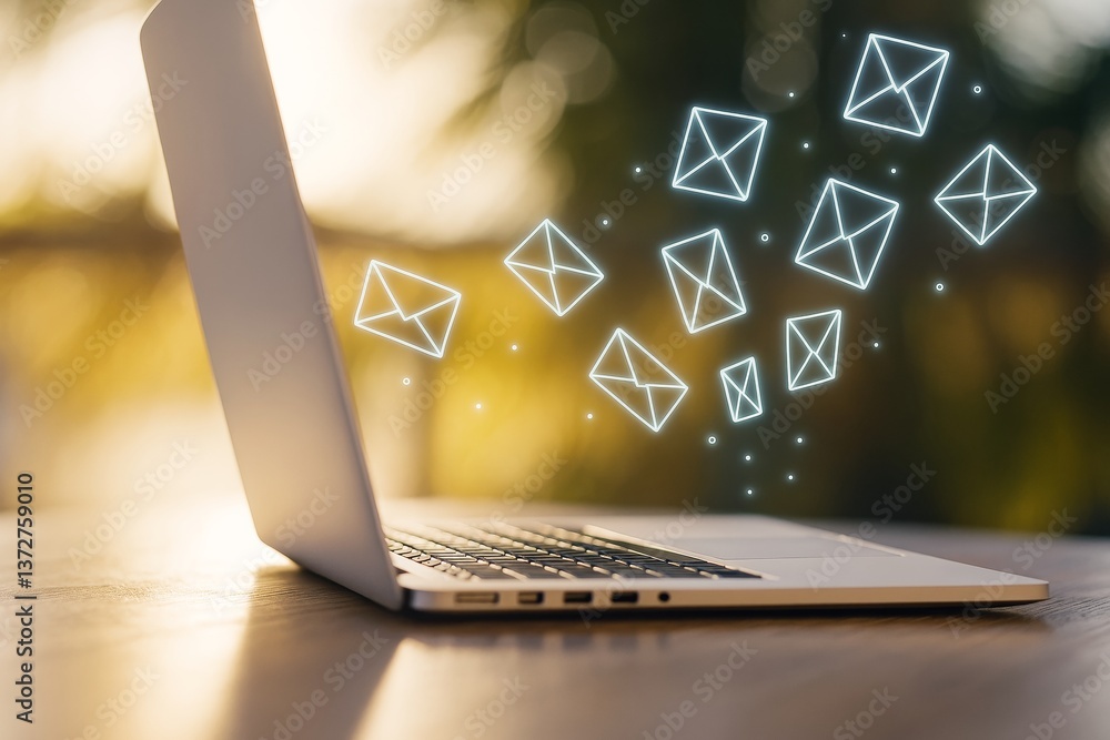 Aufkleber Digital email icons floating from a laptop on a wooden desk with bright blurred background representing online communication and messaging concept.