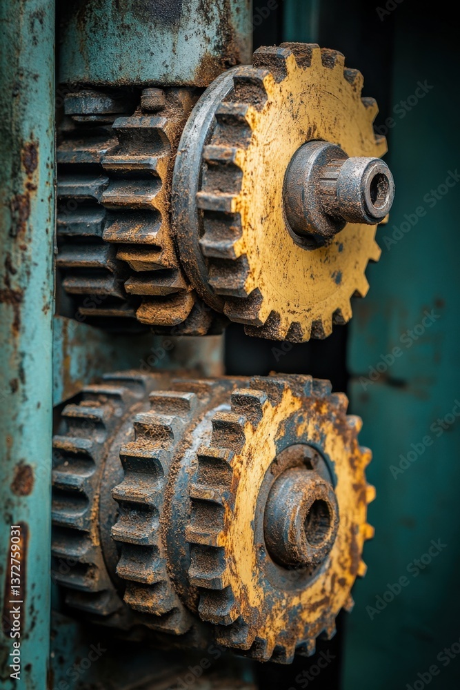 Poster close up of weathered industrial gears showing rust and wear in a vintage machine shop setting with 