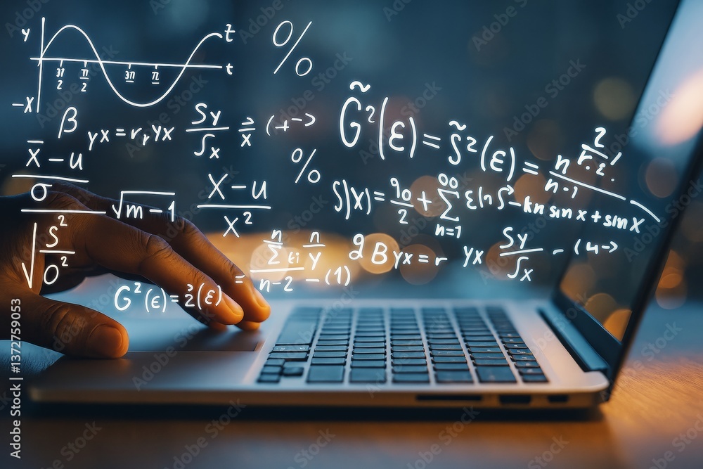 Poster Mathematical formulas floating above laptop with hand typing on keyboard, glowing light background symbolizing online learning and digital education concept.