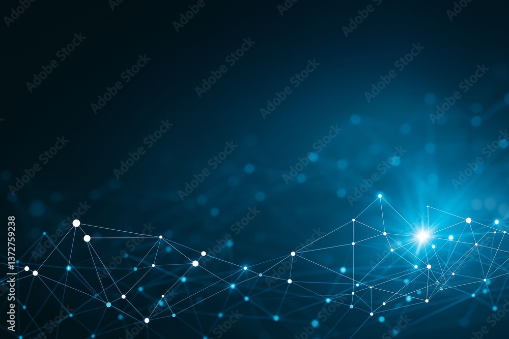 Poster Abstract blue digital network background with glowing points and lines connecting nodes, symbolizing data flow and modern technology concept.