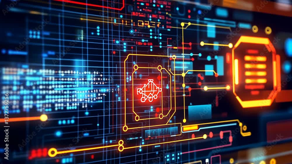 Poster digital technology background with colorful circuit board design illustrating data flow and connecti