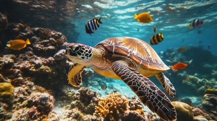 Fototapeta premium Sea Turtle Swimming Underwater with Colorful Fish Near a Coral Reef