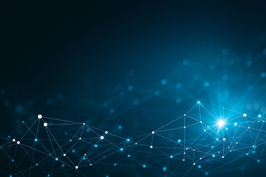 Abstract blue digital network background with glowing points and lines connecting nodes, symbolizing data flow and modern technology concept.