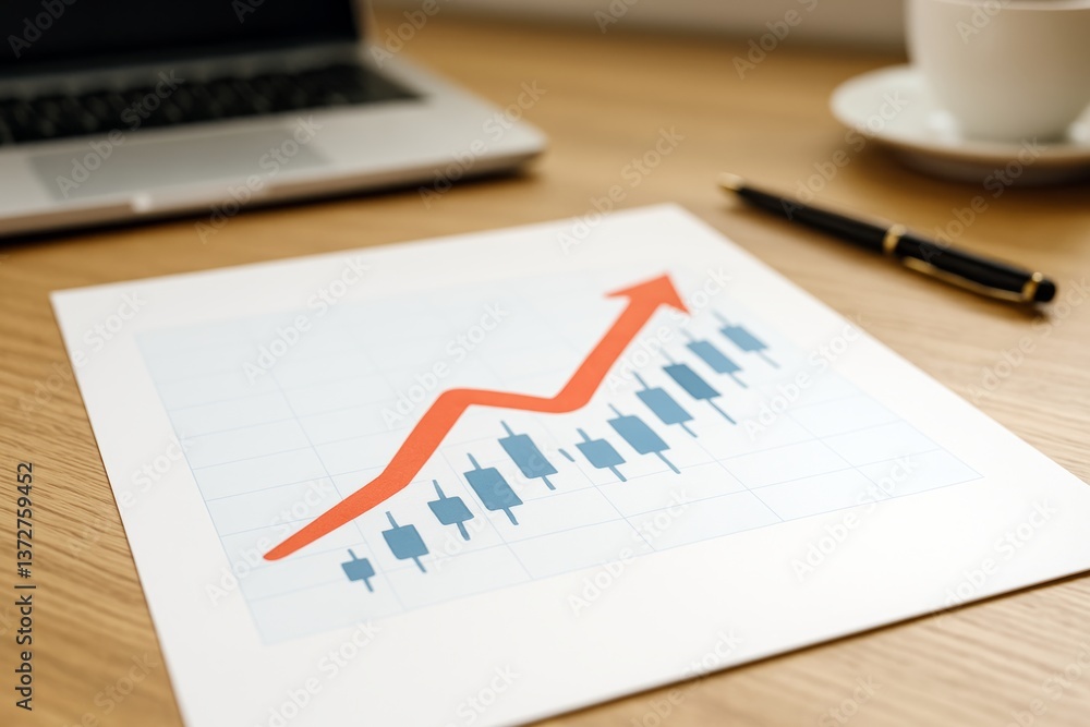 Poster business data chart with upward trend arrow on office desk with light wooden background, next to lap