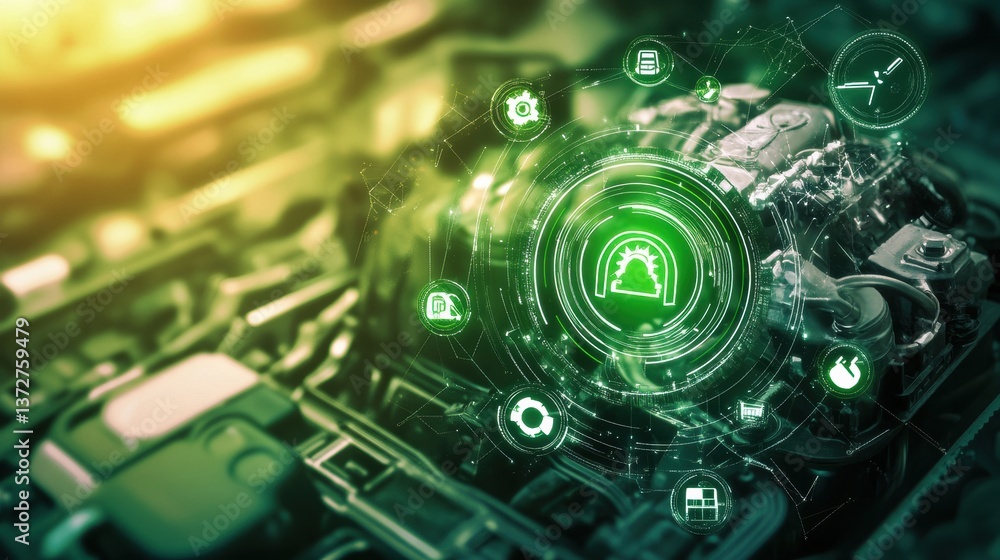 Aufkleber creative background showcasing a powerful engine with vibrant green renewable energy icons and contr