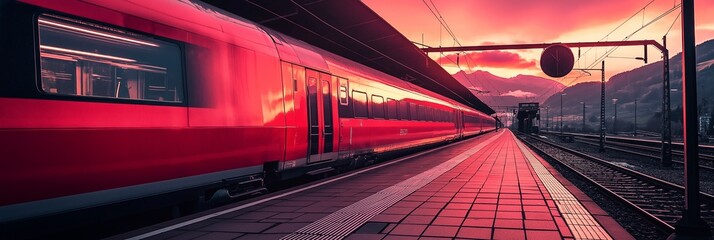A sleek red train illuminated by a stunning sunset while waiting at an empty train station.