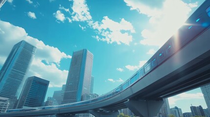 3D rendering, video animation style, blue sky, white clouds, modern buildings, city skyline blurred by high-speed train passing on bridge