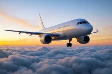 Fototapeta premium Commercial airplane flying above clouds at sunset with golden light on fuselage and soft cloudscape in background, ideal for travel business concepts.