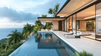 Fototapeta premium Luxury Villa with Infinity Pool Overlooking Ocean and Lush Tropical Forest