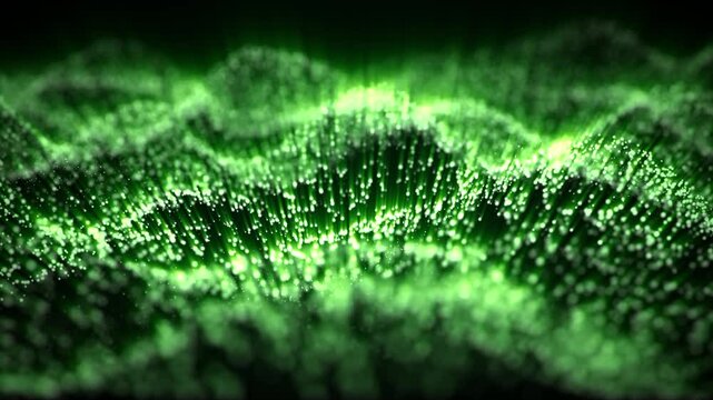 Glittering waves background with green glow particles on a dark background and radioactive shine effect. Bright substance animation for science fiction, modern technology and abstract art. 4K 60fps