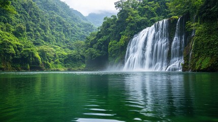Fototapeta premium Serene waterfall cascading into emerald lake surrounded by lush tropical forest in a peaceful landscape scenic view nature photography