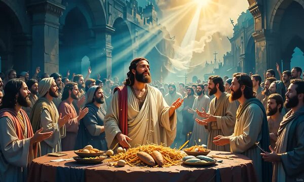 Jesus Feeds the Multitude Religion Faith Miracles Spiritual Hope Christianity Gospel Disciples Bread Fish Bible Story Abstract Art . 4k video