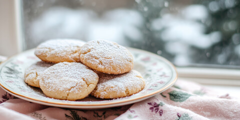 Homemade shortbread cookies with powdered sugar on a floral plate by a winter window