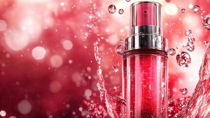 Elegant bottle of pink liquid with floating elements on a clean background representing modern cosmetic product design