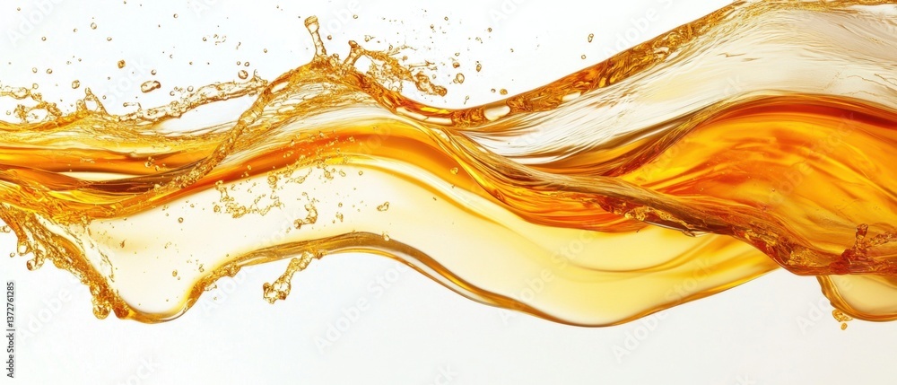 Poster dynamic splash of golden liquid on white backdrop creating a vibrant and refreshing visual experienc
