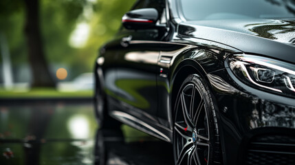 Aesthetic Photo of a Black car Covered in Washing Soap and Foam. Close Up Shot of Foam Dripping from Car's Rear Wheel Arch onto the Electric Car's Tyre and Rim