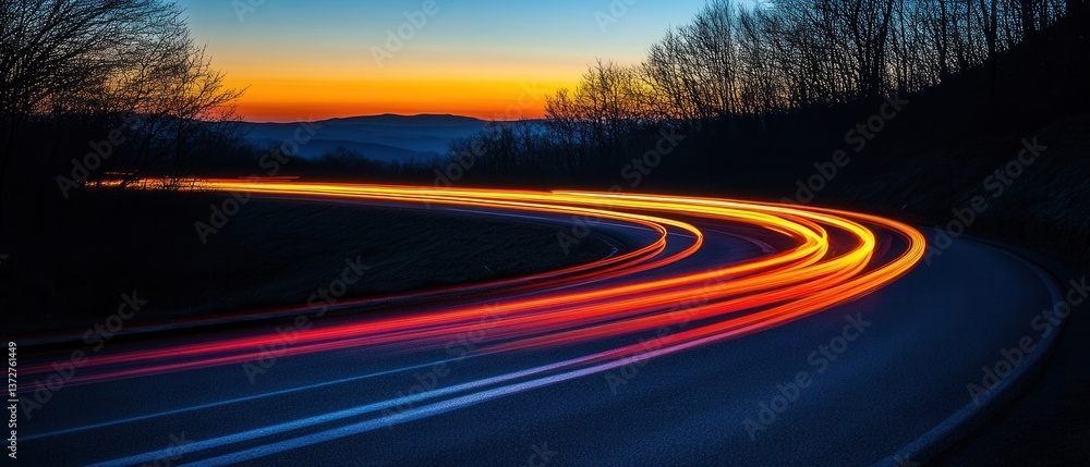 Aufkleber dynamic light trails illuminate a winding mountain road at twilight creating a sense of speed and ad