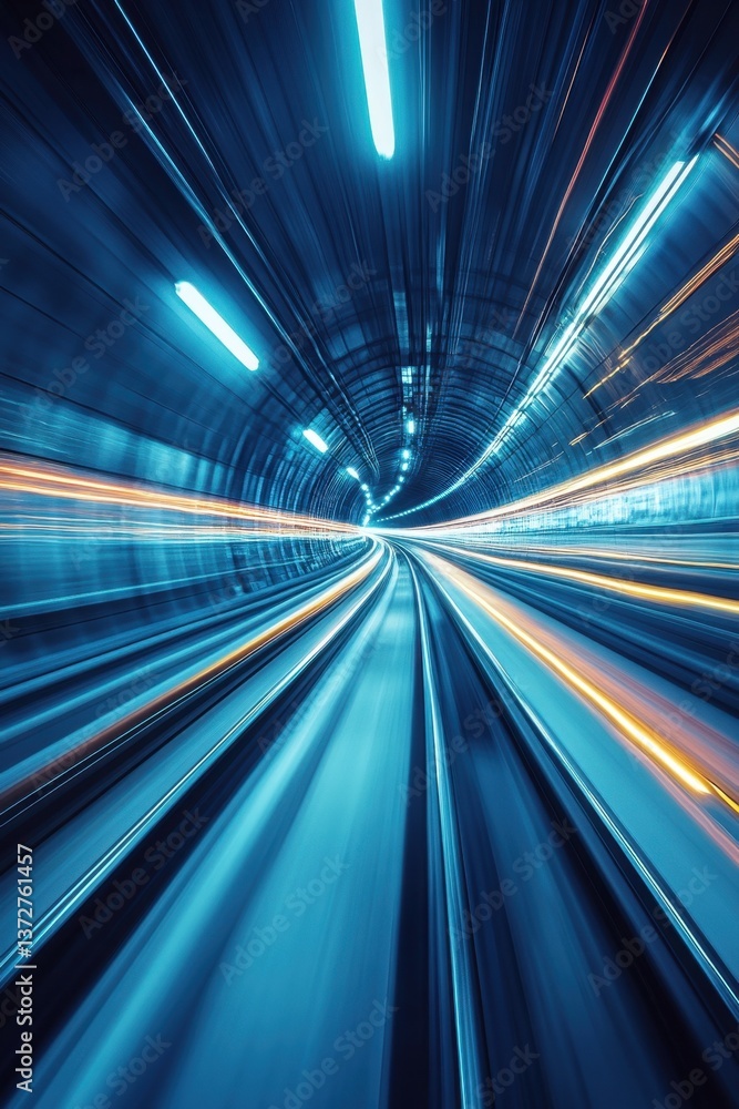 Poster abstract motion in blue tunnel with bright lights and blurred lines creating a sense of speed and fu