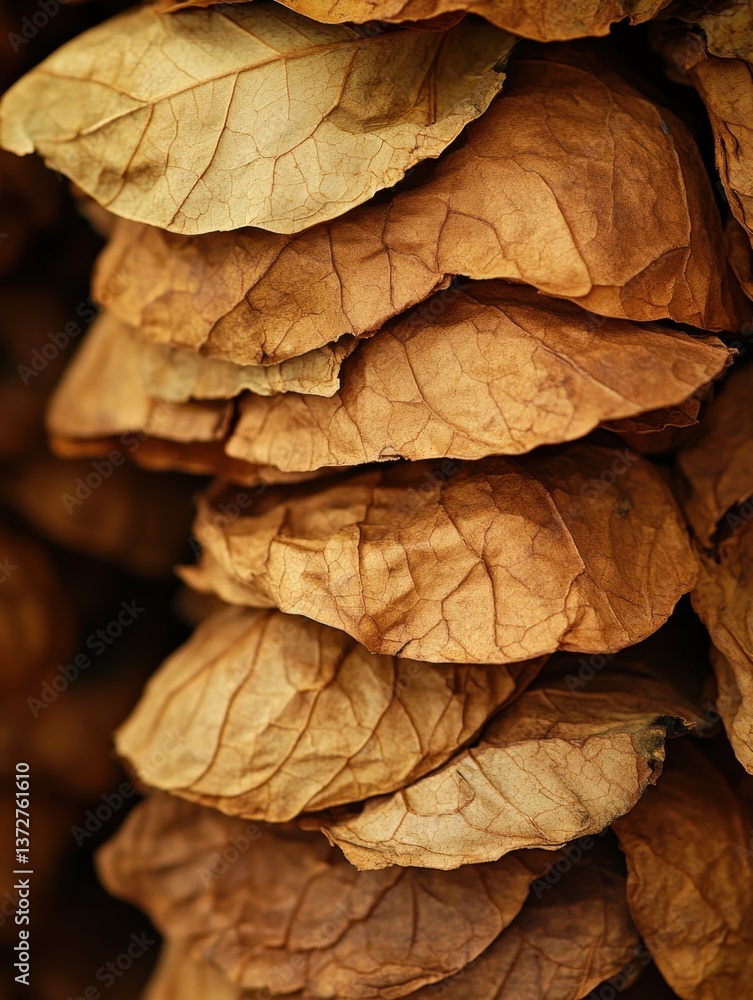 Aufkleber rustic tobacco leaves stacked in warm light creating an organic texture and pattern for backgrounds 
