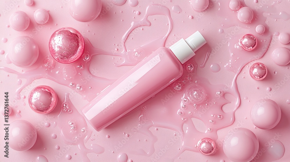 Aufkleber close-up of a vibrant pink bottle of liquid in an abstract 3d mockup style emphasizing color and des