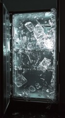 A refrigerator filled with ice and illuminated inside the compartment
