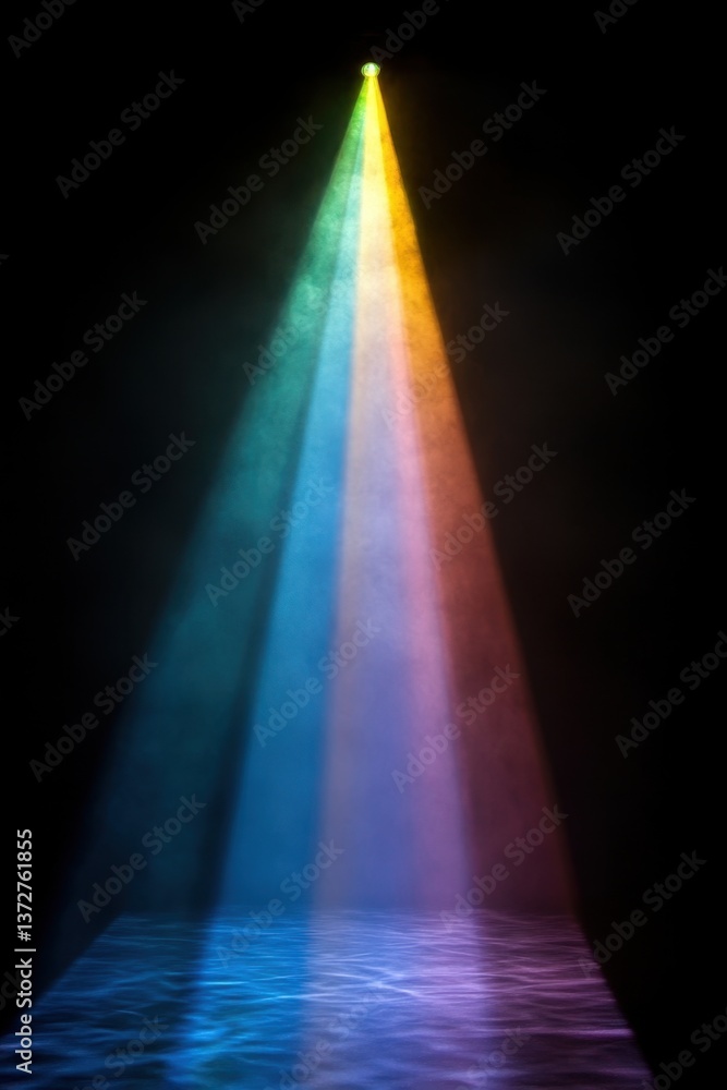 Poster vibrant rainbow light beam illuminating a dark stage with water reflection creating a magical atmosp