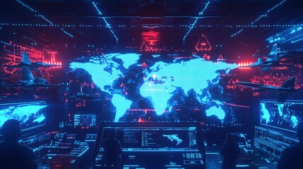 Futuristic Military Control Room with Digital World Map and Jet Aircraft