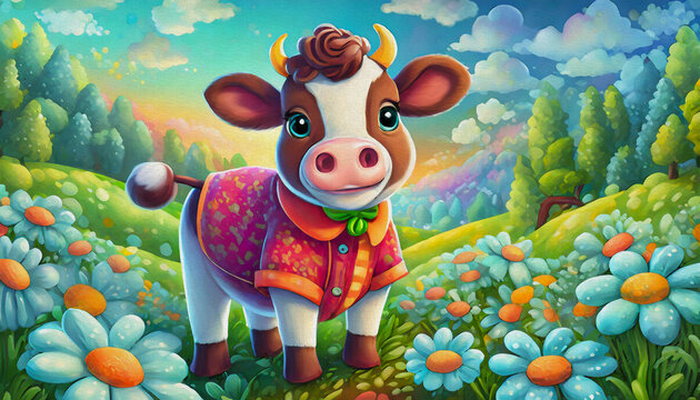 OIL PAINTING STYLE CHARTOON CHARACTER ILLUSTRATION  CUTE baby cow in red shirt is cutting tree.