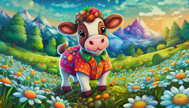 OIL PAINTING STYLE CHARTOON CHARACTER ILLUSTRATION  CUTE baby cow in red shirt is cutting tree.