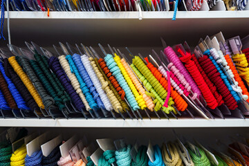 Colored textile fabric round cords for clothes or shoes.