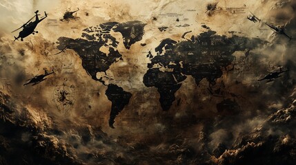 Helicopters Flying Over Dark World Map with Dramatic War Atmosphere