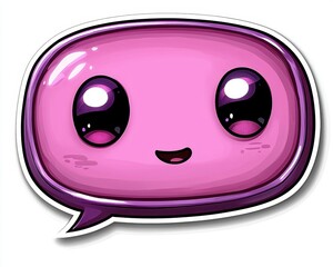 Fototapeta premium A cute, animated pink speech bubble character with large, expressive eyes and a smiling mouth.