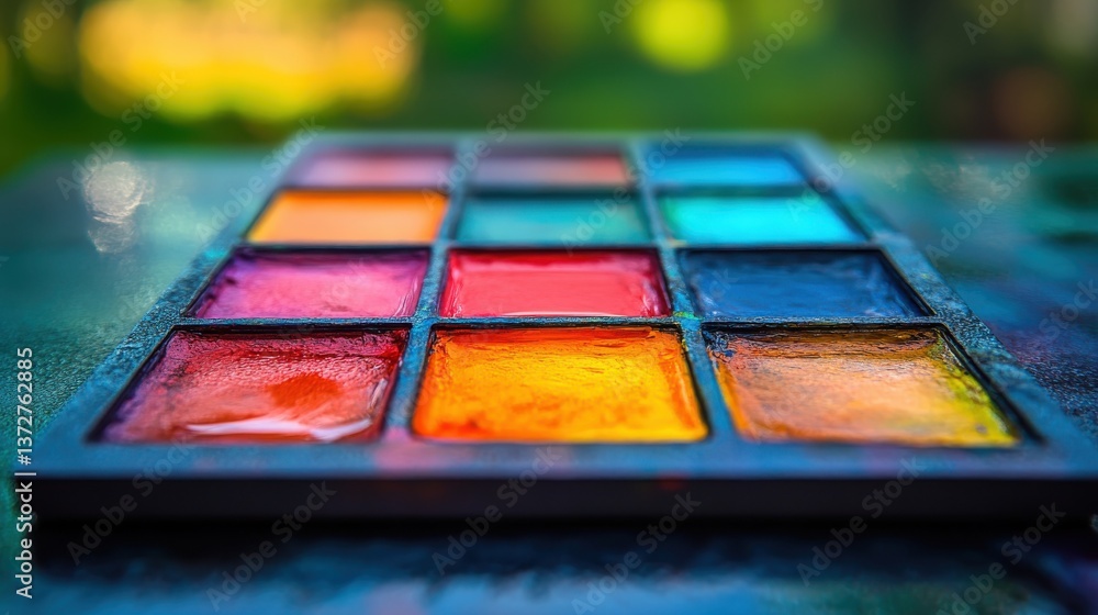 Poster vibrant mockup of a watercolor paint palette displaying a rich array of colors for artistic expressi