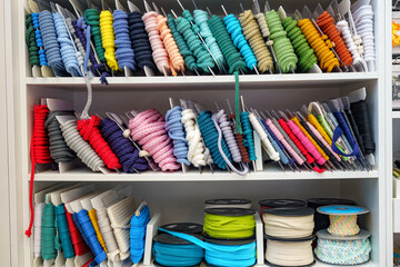 Colored textile ropes, fabric cords in skeins, sewing accessories for sale in the store.