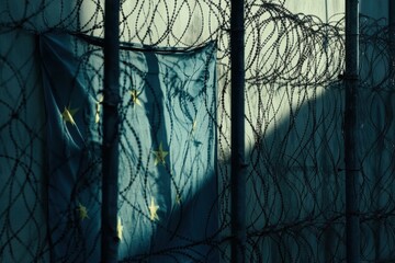 European Union flag behind barbed wire fence emphasizes themes of restriction and control in tense atmosphere