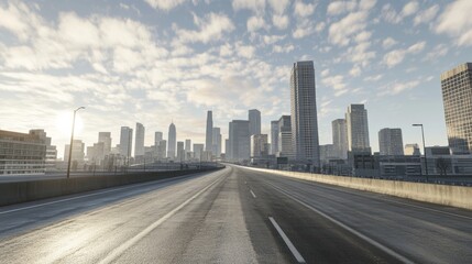 Highway, oblique angle of view, light sky and clouds, modern buildings, skyline, freeway, cityscape, road surface, gray tones, city background, super quality, high resolution 