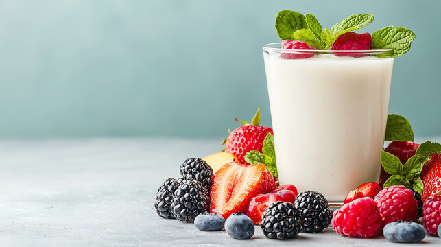 Glass of kefir surrounded by fresh fruits and herbs with space for text
