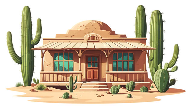 Vintage Desert Building Surrounded by Cacti png