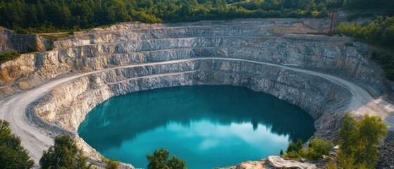 Naklejka premium Serene turquoise lake nestled within a vast quarry landscape showcasing geological formations and natural beauty from above with a scenic view