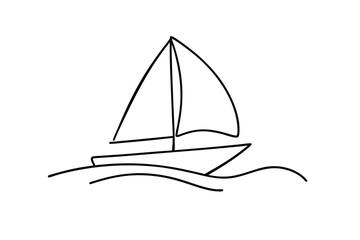 Sailing Boat Minimalist Line Art Drawing, Ocean Wave, Summer