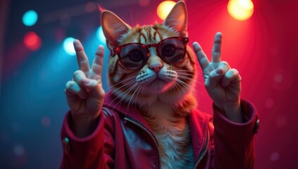 Peace Sign Cat with Sunglasses - Surreal Pet Party. Ideal for humorous social media content, pet-themed advertisements, graphic design projects, surreal website banners