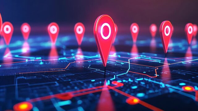 Digital map with multiple location markers glowing in vibrant colors at night