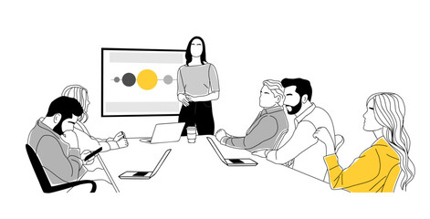 Staff education, learning, improving professional skill concept illustration. Diverse Business team listens to the teacher, Coach, business woman making presentation in boarding room. Vector drawing.