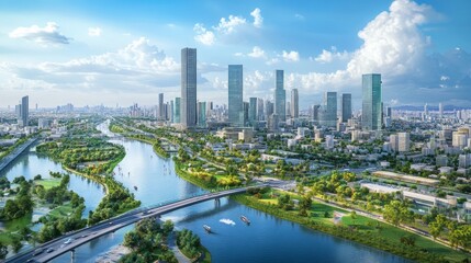Naklejka premium Urban development and riverfront transformation metropolitan city aerial view modern architecture urban growth