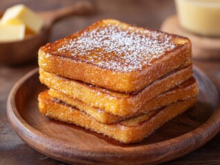 Golden French Toast Stack Dusted with Powdered Sugar on Wooden Plate Delicious Breakfast Treat Close Up